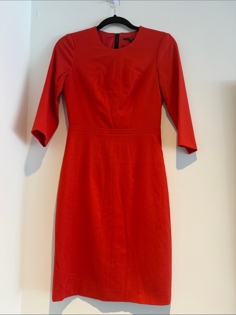 Hugo Bods Red Sheath Dress with Three-Quarter Sleeves - Brand: